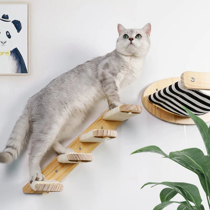 3Pcs Cat Hammock with Four Step Sisal Stairways or Scratching Posts Set Wall Mounted Wooden Cats Furniture Climbing Shelf Perch