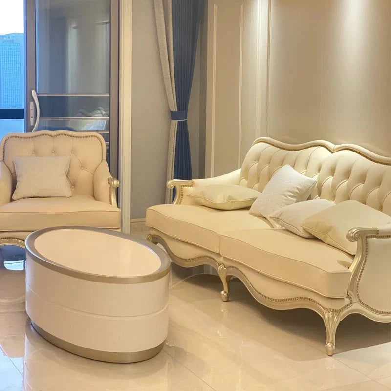 American light luxury leather sofa combination simple cream style champagne gold modern French fashion living room furniture