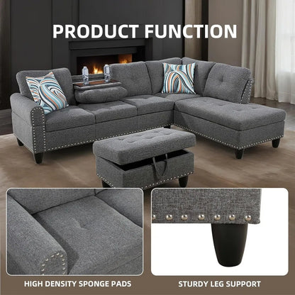 L Shaped Sofa with Ottoman Modern Sectional Couches for Living Room, Bedroom, Office, Grey-Belt Cup Holder  home furniture