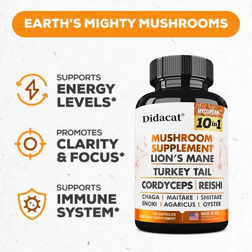 Mushroom Supplement 10x Complex - Lion's Mane, Turkey Tail, Cordyceps, Reishi - Memory & Focus, Brain Support Supplement