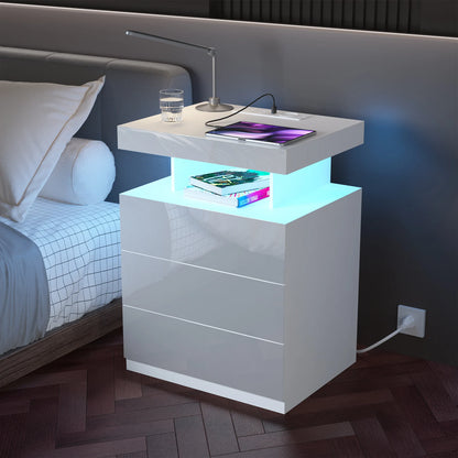 Nightstand LED Light Bedside Table With 3 Drawer Waterproof Modern Style Adjustable Brightness Bedroom Furniture Cabinet Storage