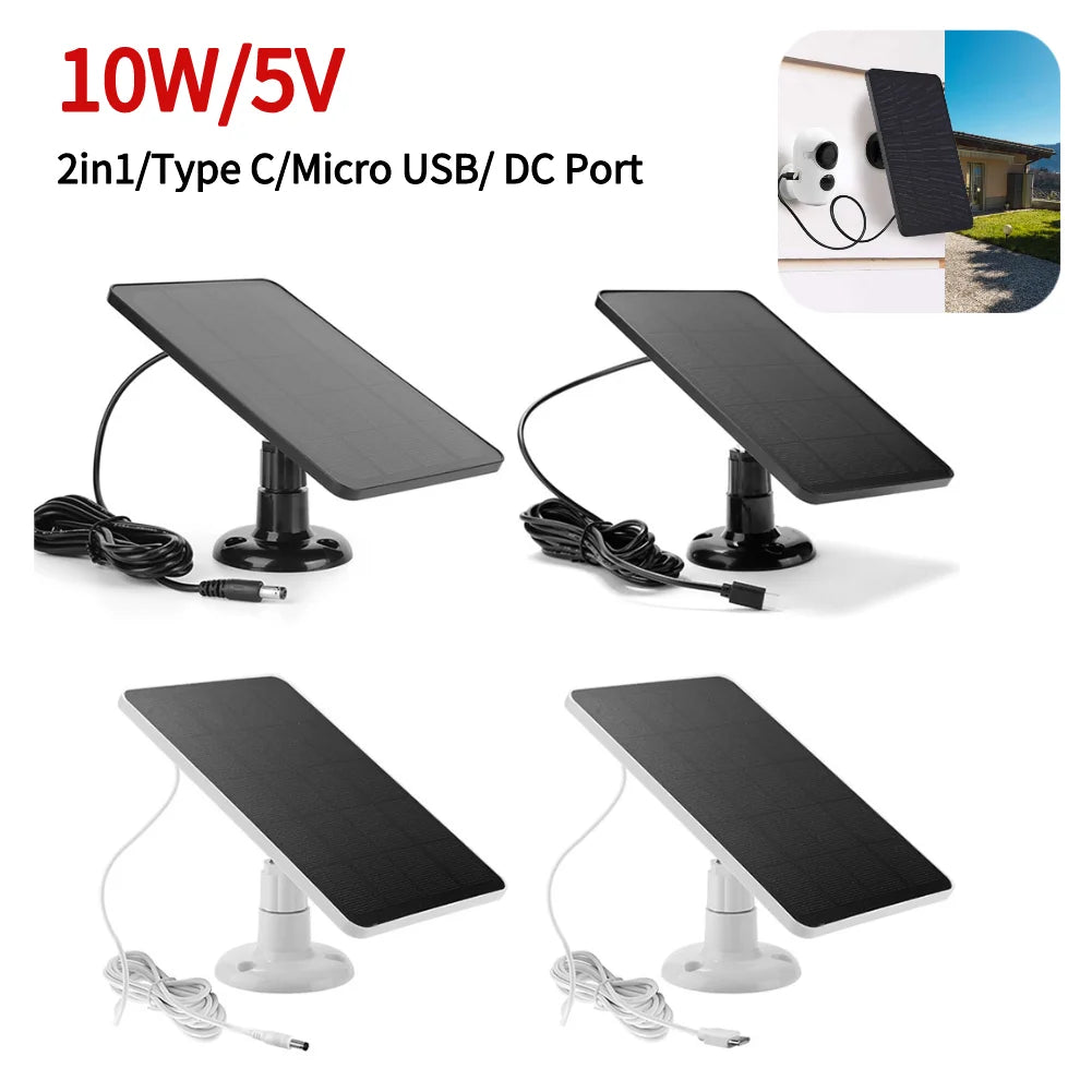 10W 5V Solar Panel Micro USB+Type-C 2in1 Outdoor Solar Cells Charger Solar Panels for Security Camera/Small Home Light System