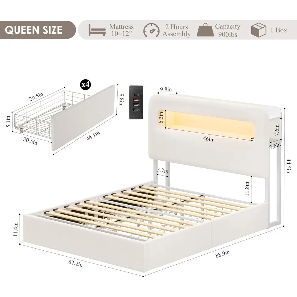 LED Queen Bed Frame with Storage Headboard & Charging Station，4 Drawers and USB Ports，No Box Spring Needed，Velvet Bed Frame