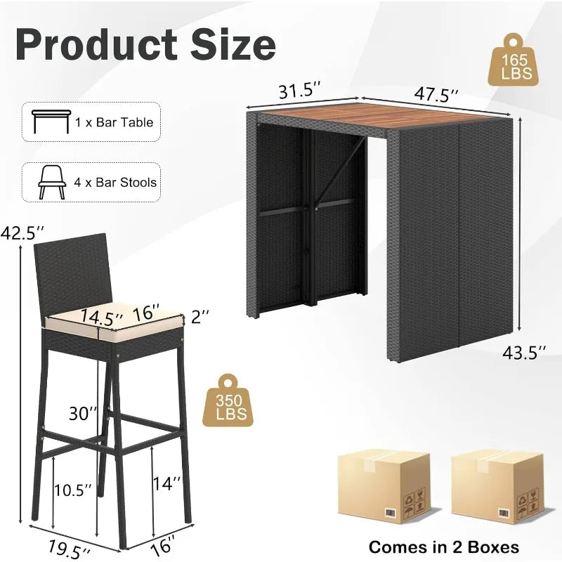 5-Piece Outdoor Bar Set - Wicker Rattan Bar Height Dining Table w/Acacia Wood Top & 4 Bar Stools Chairs w/Seat Cushions,