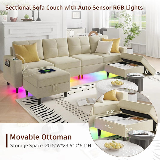 LED Sectional Couches for Living Room, Modular Sectional Sofa Set , Oversized U Shaped Sofa Couch with Auto Sensor RGB Lights