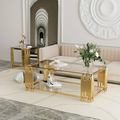 Coffee Table, Modern Living Room Table, Gold Legs, 51 Inch Rectangular Clear Tempered Glass Material Coffee Table