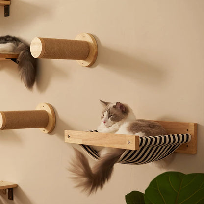 3Pcs Cat Hammock with Four Step Sisal Stairways or Scratching Posts Set Wall Mounted Wooden Cats Furniture Climbing Shelf Perch