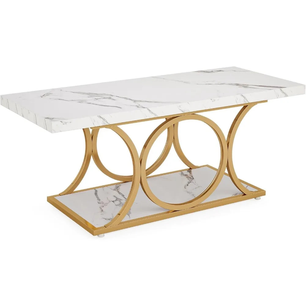 Rectangle Coffee Table, 47.24-inch Modern Coffee Tables for Living Room 2-Tier Faux Marble Wood Coffee Table with Geometric Legs