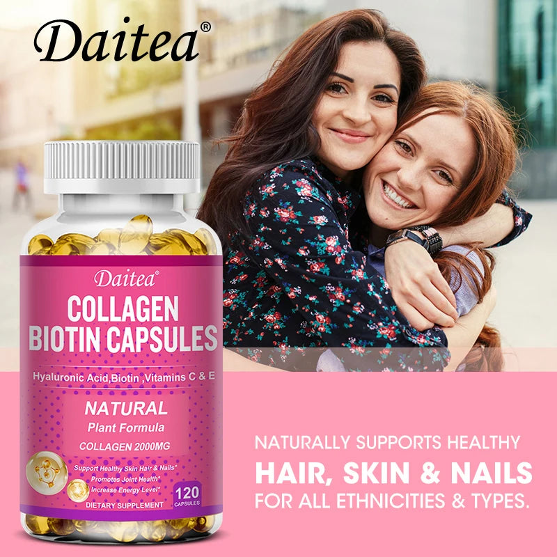 Collagen Biotin Supplement - Hyaluronic Acid Biotin Vitamin C E - Hair Skin Nails Joint Support Vegan Capsules