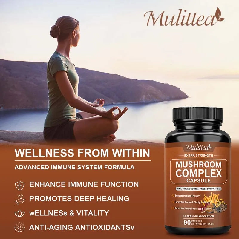 Mulittea 10x Mushroom Complex capsules with Lions Mane, Chaga Nootropic Brain Supplement for Memory and Focus Relief Stress