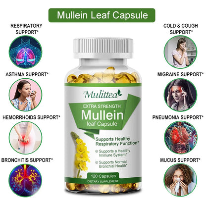 Mulittea Natural Mullein Leaf Capsules Herbal Supplement for Lung Cleanse Helps Healthy Respiratory Function & Mucous Membranes