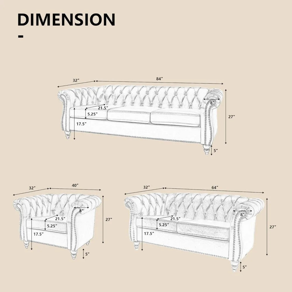 2 Piece Living Room Set, Sectional Chesterfield Sofa Chair Contemporary Upholstered Leather Loveseat Couch Sets for Living Room