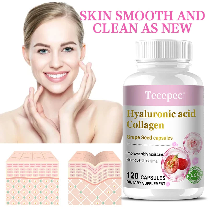 Hyaluronic Acid Collagen Supplement - Helps Nourish Skin, Increase Skin Elasticity, Antioxidant, Anti-Aging, 120 Capsules