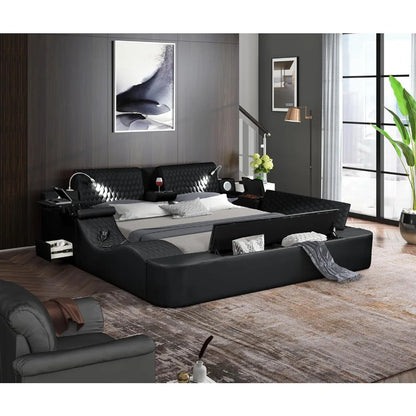 Queen Size Smart Bed, Multifunctional Leather Bed Frame with Massage Recliner/Upholstered Headboard, Modern Luxury Bed Frame