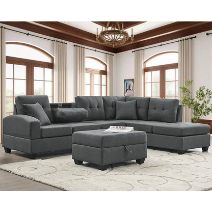 Living Room Sofa Set , L Shape Modular Storage Ottoman & Chaise, Comfy Corner Sofa Cup Holder Living Room Furniture Couch Sets