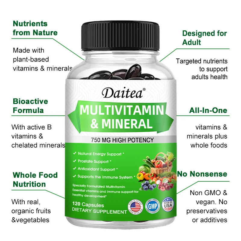 Multivitamin Capsules with Mineral Supplement To Provide Energy, Prostate, Skin and Eye Health Immune Support for Women and Men