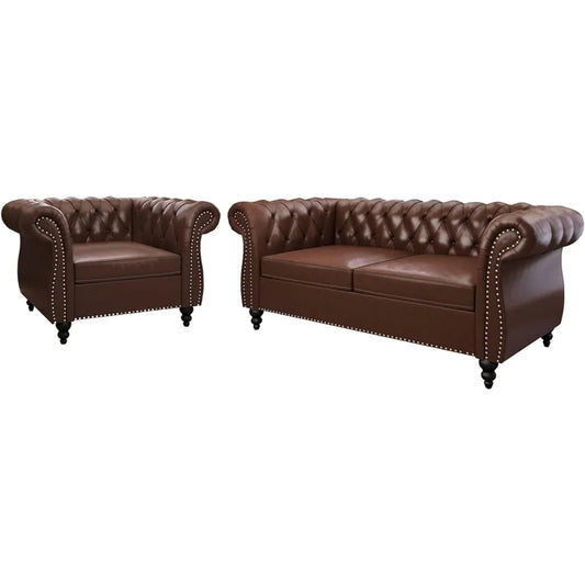 2 Piece Living Room Set, Sectional Chesterfield Sofa Chair Contemporary Upholstered Leather Loveseat Couch Sets for Living Room