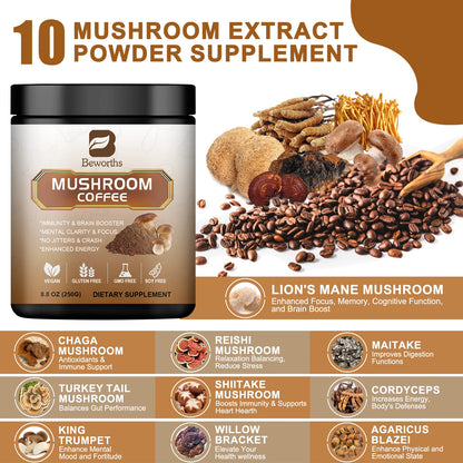 Mushroom Coffee Supplement 10 Mushroom Blend- Lion's Mane, Chaga, Cordyceps Brain Supplements for Energy, Memory and Immunity