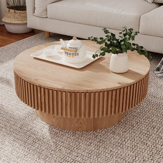 31.5'' Natural Coffee Table Modern Handcraft Drum Round Circle Wooden Solid Wood Veneer Tea Table for for Living Room Apartment