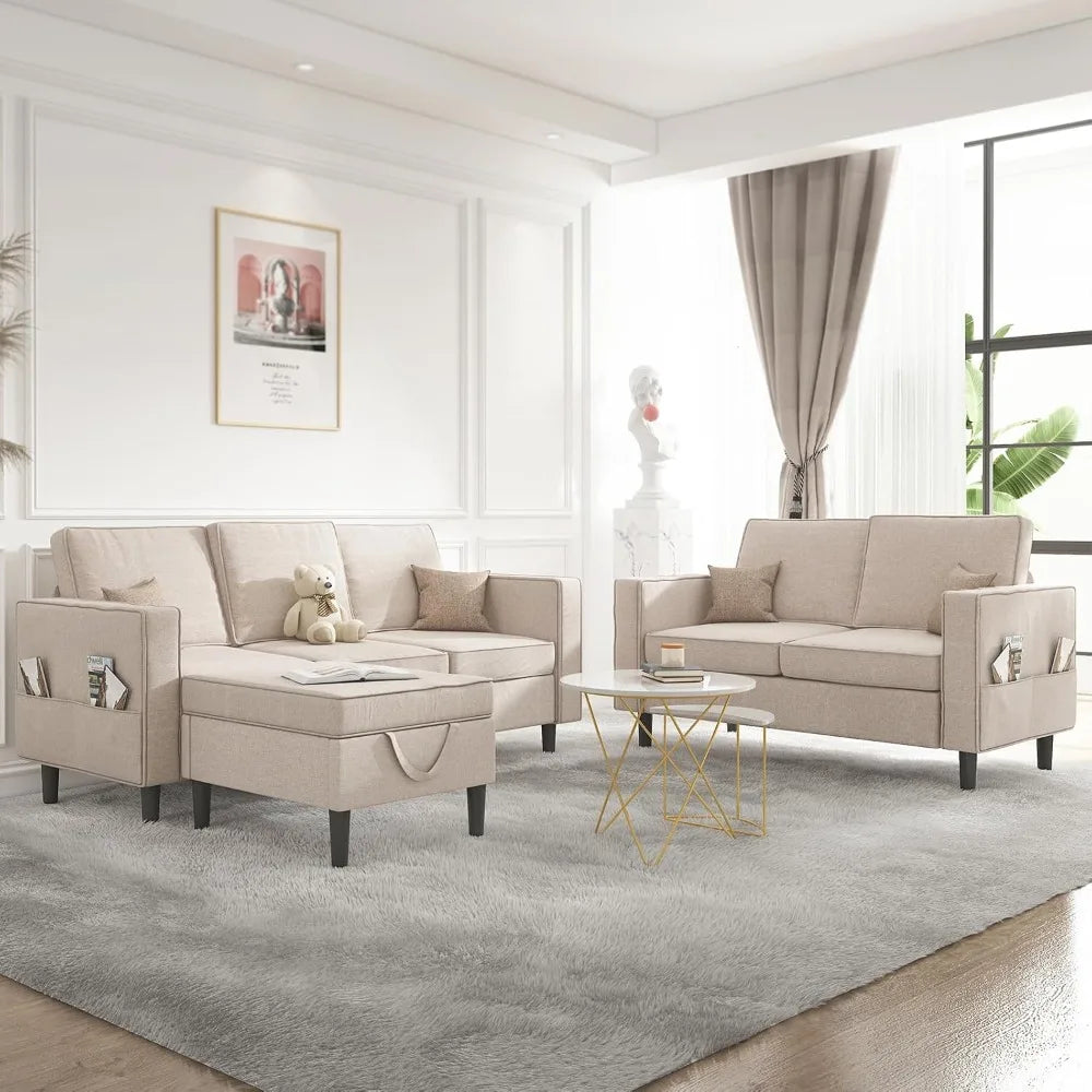 3 Pcs Sofa Set with Storage Ottoman, Living Room Set Has 8 Side Pockets, Living Room Set Includes 3-Seater + Ottoman + Loveseat