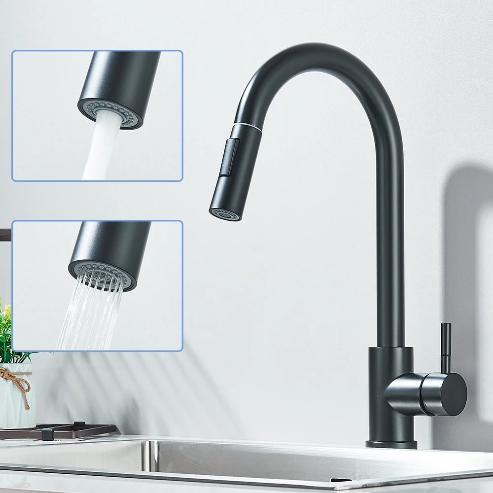 Black Pull Out Kitchen Faucet Deck Mounted Flexible Hot And Cold Water Kitchen Sink Mixer Tap With Stream Shower Modes Nozzle