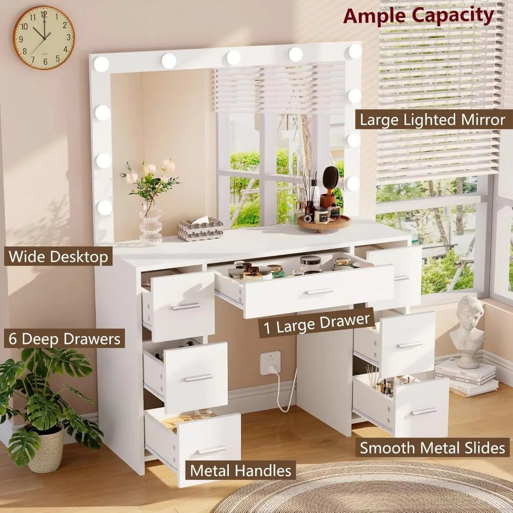 Vanity Table, Makeup Table with Lighted Mirror, 3 Color Lighting Modes, Brightness Adjustable, Dressing Table with Drawers