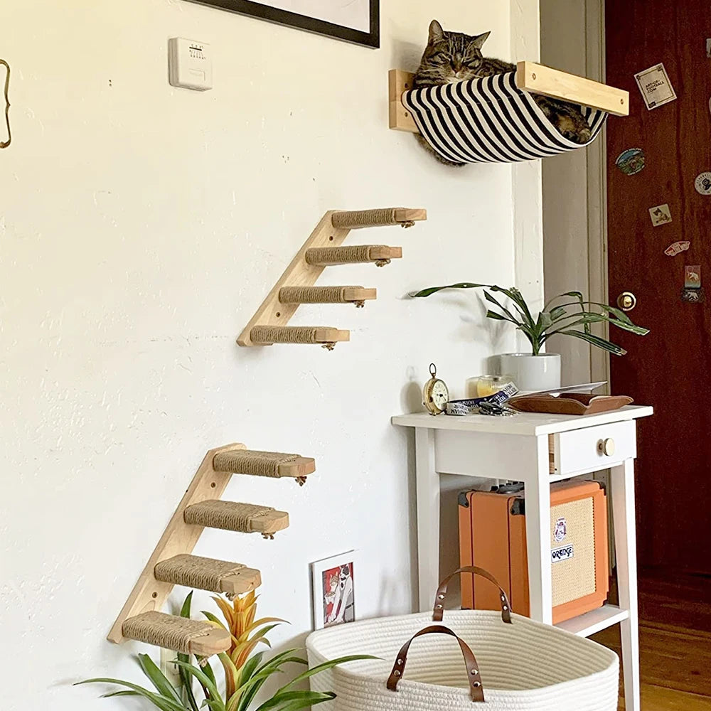 3Pcs Cat Hammock with Four Step Sisal Stairways or Scratching Posts Set Wall Mounted Wooden Cats Furniture Climbing Shelf Perch