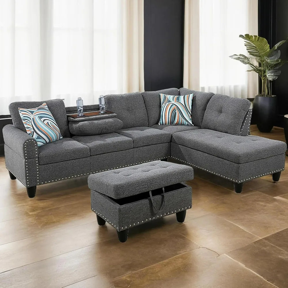 L Shaped Sofa with Ottoman Modern Sectional Couches for Living Room, Bedroom, Office, Grey-Belt Cup Holder  home furniture