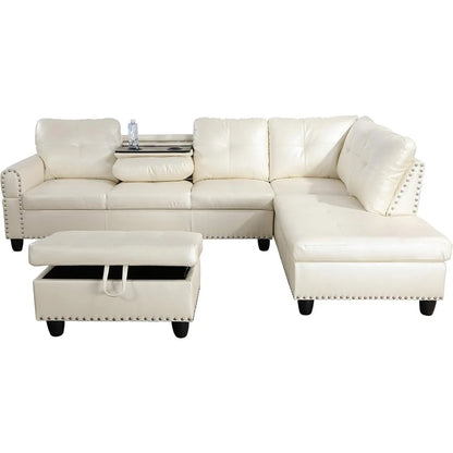 Golden Coast Furniture Living Room Sectional Sofa Set, Faux Leather Sectional Sofa Couch Set with Storage Ottoman (Ivory White )