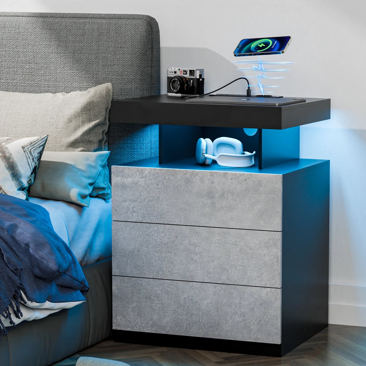 Nightstand LED Light Bedside Table With 3 Drawer Waterproof Modern Style Adjustable Brightness Bedroom Furniture Cabinet Storage