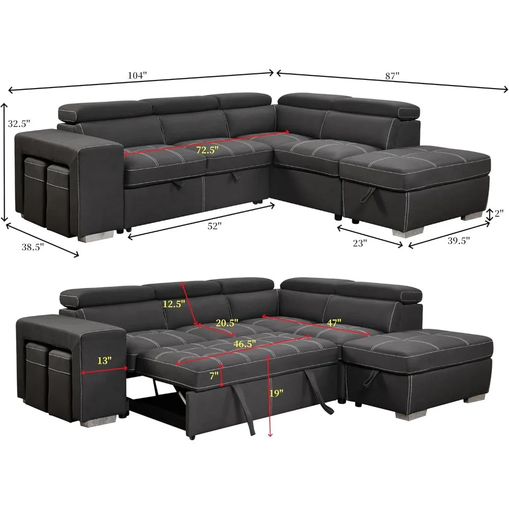 Microfiber Sectional Sleeper Sofa Couch Pull Out Bed with Right Facing Chaise, 5 Seats L Shaped Sectional Sofa Couch