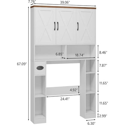 Over The Toilet Storage Cabinet, Farmhouse Toilet Cabinet Rack with 3 Barn Doors, Space Saving Bathroom Organizer with Shelves,