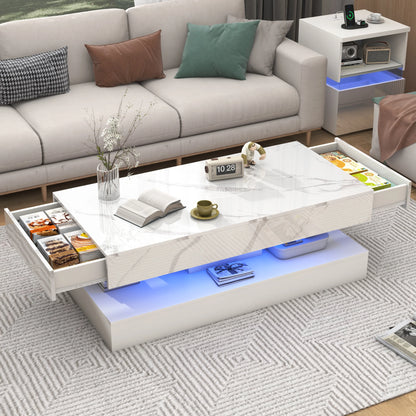 Modern Stylish Coffee Table with LED lights, Double-Layer Design for Living Room Coffee Table with 2 Storage Drawers