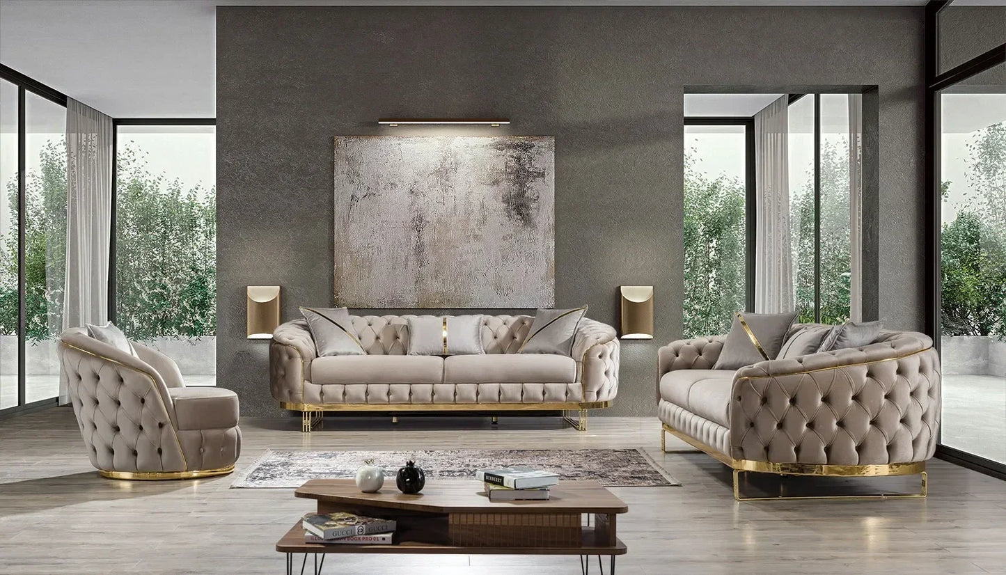 Luxury Living Room Sofa Set Stainless Steel Base Velvet Button Decor Couch Sofa Bed For Home Hotel Furniture