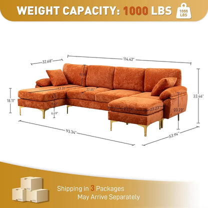 4 Seat Sofa Set Convertible L-Shaped Couch Set with Chaise Lounge, Ottoman and Pillows,114 inches, Orange Velvet